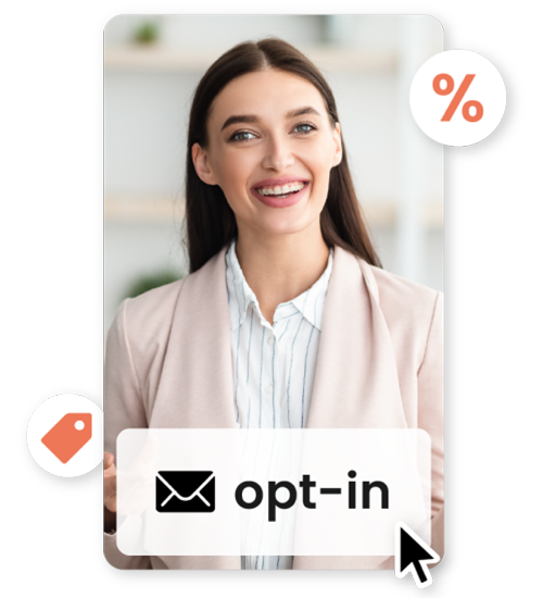 Smiling woman, with text/image overlay: Email opt-in