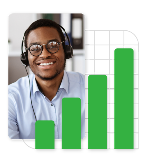 Man wearing a headset, with a bar graph overlay, showing an upward trend