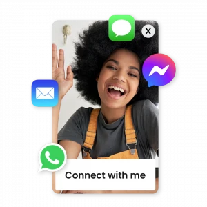 Waving woman, surrounded by Messenger, WhatsApp, Email, SMS contact app icons, with text overlay 
